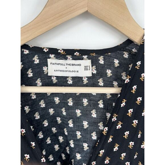 Faithfull The Brand X Anthropologie Yvette Black Floral Wrap Top Size Small - Picture 3 of 4